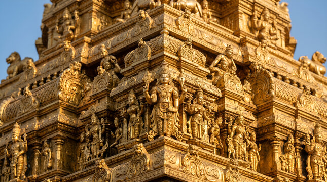 Intricate Gold Carvings on Venkateswara Temple Tower