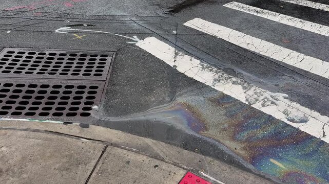 Rainbow oil sheen flows with rainwater toward storm drain on urban street corner