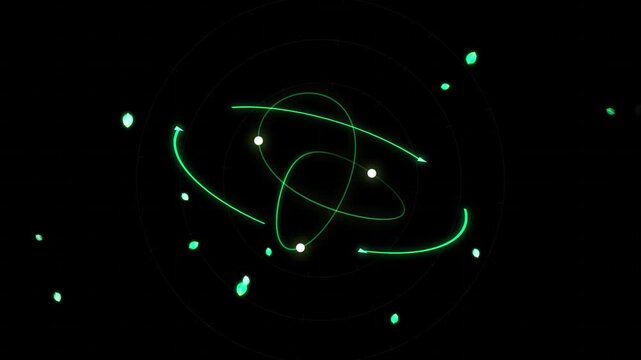 Glowing green atomic orbit animation, scientific particle motion background, futuristic quantum physics concept