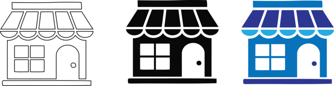 A collection of three unique shopfront store icon variations featuring linear, solid black, and blue colored graphic designs for modern retail branding websites., isolated on a Transparent background
