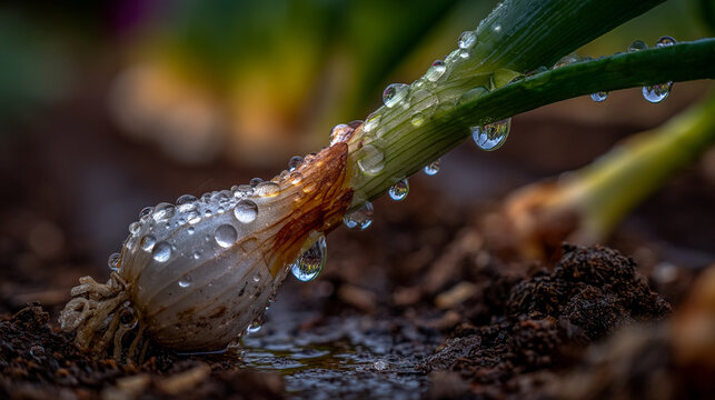Close up of a single spring onion bulb with water droplets on soil wet soil growing plan