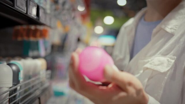 A young woman in a white shirt picks up a deodorant stick in a chemistry store and carefully examines the packaging while purchasing personal hygiene products in a modern shopping mall