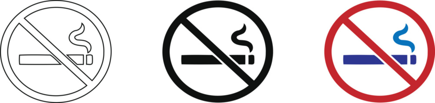 Set of three distinct no smoking sign variations including outline, solid black, and color versions representing tobacco prohibition and health safety warnings, isolated on a Transparent background