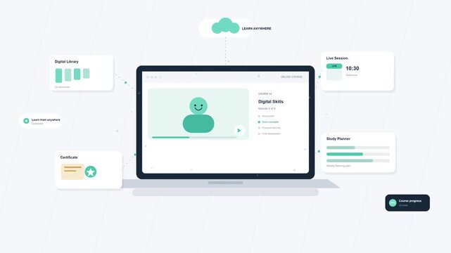 A modern digital dashboard interface displaying user profile, data visualizations, and cloud connectivity on a laptop screen.