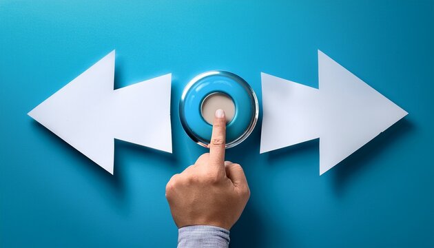 hand pointing at a button between two torn paper arrows pointing in opposite directions symbolizing decision making and choice