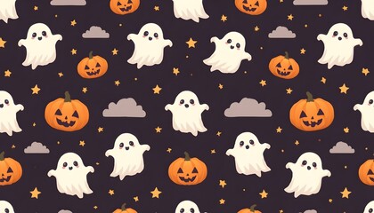 Obraz premium Cute Halloween Ghost and Jack-o'-Lantern Seamless Pattern Background