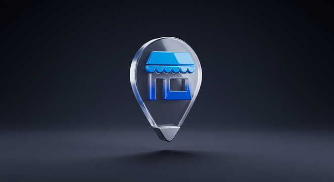 Glass GPS location pin icon with shop storefront symbol for local retail business navigation.