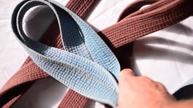 Martial arts belts copy space background, belt kimono martial arts ranking, authentic real life backgrounds