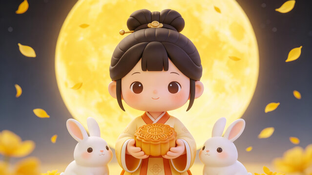 Girl in ancient style holding moon - cake