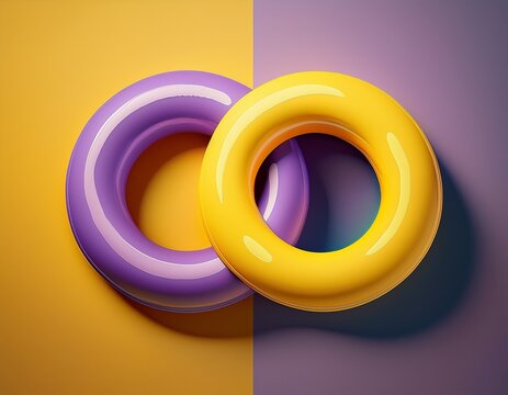 interlocking rings two inflatable rings one yellow and one purple are interlinked against a split pastel background creating a minimalist and abstract composition