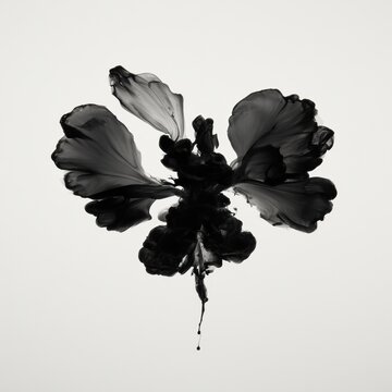 Black ink spreads evenly in water forming a symmetrical shape that resembles a Rorschach design on a white surface