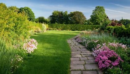 Obraz premium lush garden path winding through flowering plants and green lawn on a peaceful summer morning
