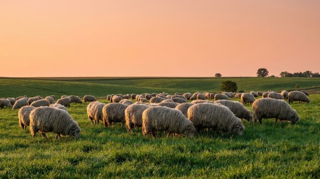 Scenic rural landscape of sheep grazing in green pastures during a golden sunset