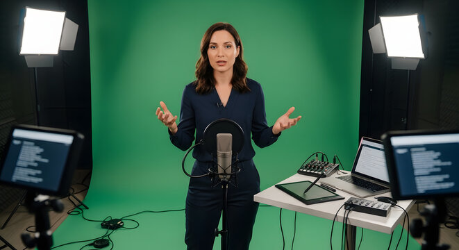 Woman speaking into microphone in recording studio with green screen