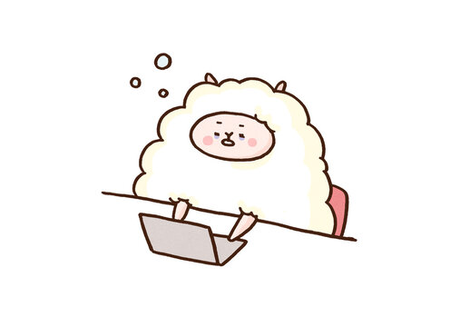 Sheep dozing off while working on a laptop due to fatigue, insomnia sleep disorder or overwork stress concept