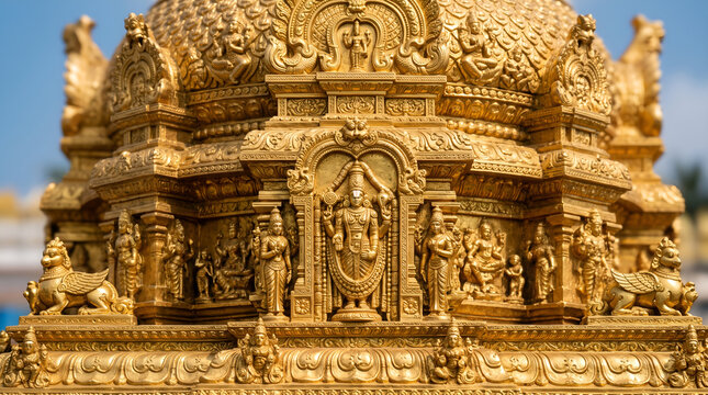 Intricate golden architectural detail of Venkateswara Temple