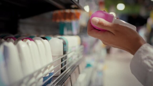 A young woman selects a deodorant from a shelf in a modern shopping mall carefully studying the label and composition of the product before buying