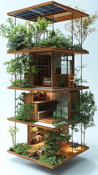 Multi-level eco-friendly modular house with lush green rooftop gardens.