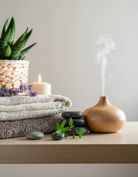 Objetos de bienestar sobre una mesa de madera clara difusor de aromas con vapor, vela encendida, plantas peque&ntilde;as, toalla doblada y piedras de masaje