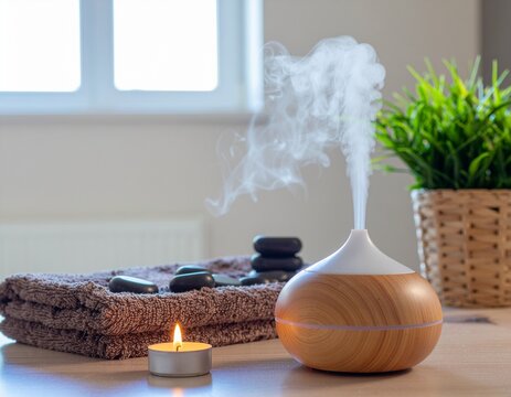 Objetos de bienestar sobre una mesa de madera clara difusor de aromas con vapor, vela encendida, plantas peque&ntilde;as, toalla doblada y piedras de masaje