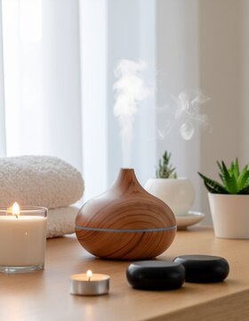 Objetos de bienestar sobre una mesa de madera clara difusor de aromas con vapor, vela encendida, plantas peque&ntilde;as, toalla doblada y piedras de masaje