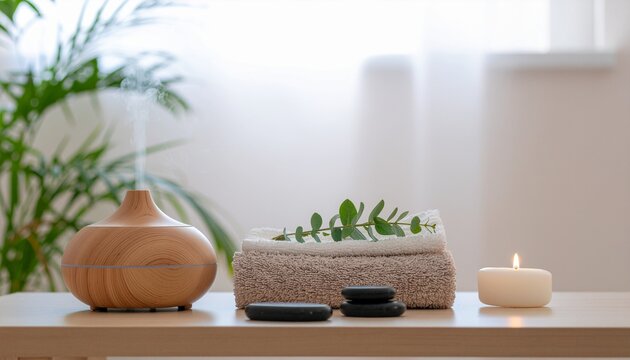 Objetos de bienestar sobre una mesa de madera clara difusor de aromas con vapor, vela encendida, plantas peque&ntilde;as, toalla doblada y piedras de masaje