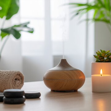 Objetos de bienestar sobre una mesa de madera clara difusor de aromas con vapor, vela encendida, plantas peque&ntilde;as, toalla doblada y piedras de masaje