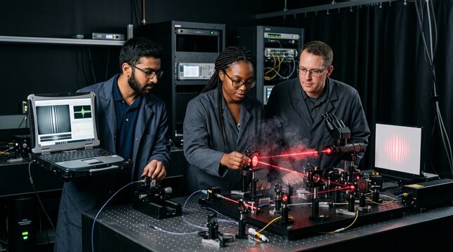 Scientists conducting advanced laser experiment in a modern laboratory setting