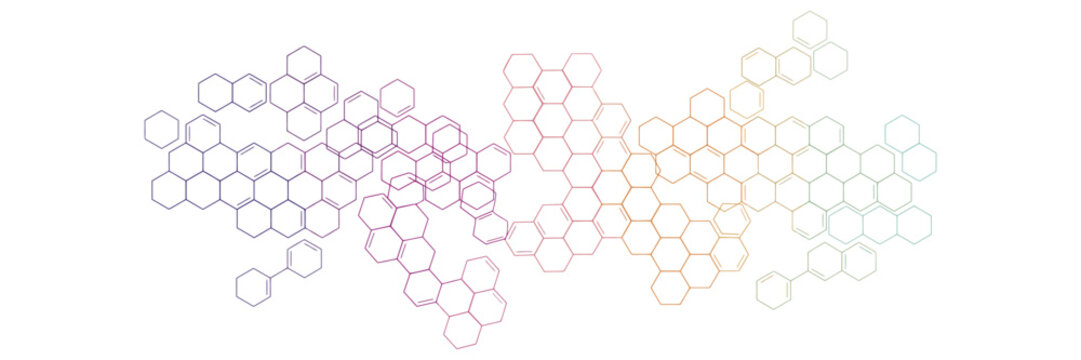 Abstract honeycomb vector background, geometric hexagon pattern with purple and orange gradients, scientific molecular structure illustration