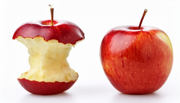 red apple core with bite taken out isolated on white background