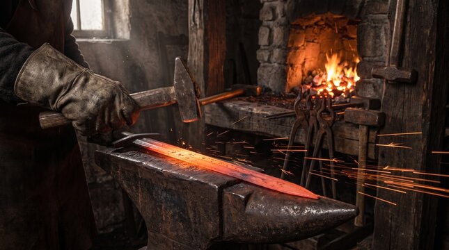 Blacksmith in a medieval forge