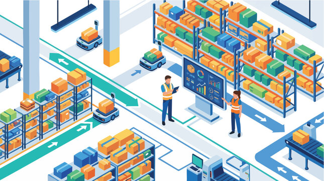 Modern isometric warehouse interior with automated conveyor systems and workers monitoring operations, concept for supply chain management, logistics optimization, and smart factory implementation