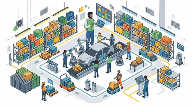 Modern isometric warehouse interior with automated machinery and workers, concept for logistics optimization, supply chain management, and smart factory implementation