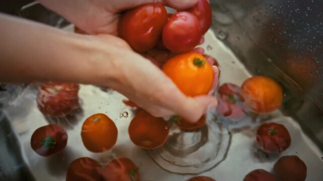 Extreme close-up of a woman's hands washing fresh organic tomatoes under running water in a metal kitchen sink. Idea of domestic routine, home cooking and fresh food preparation