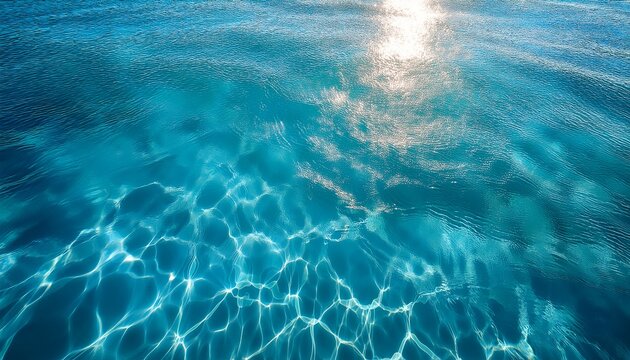 top view of turquoise water surface with bright white sun caustics and shimmering light reflections texture