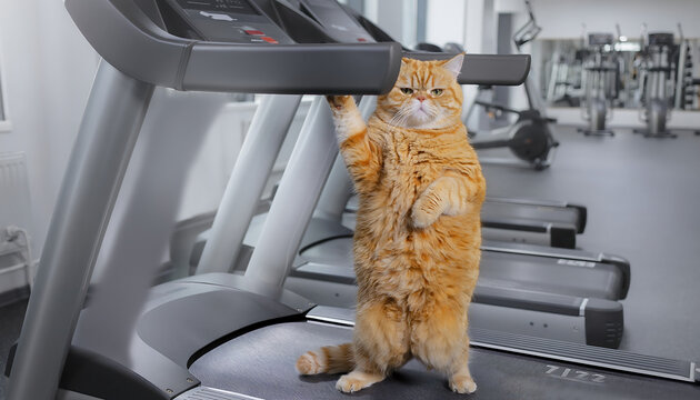Funny ginger tabby cat standing on hind legs using treadmill machine in fitness gym.