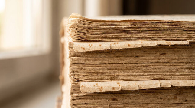Stacked old books with visible pages near a window in soft light  
