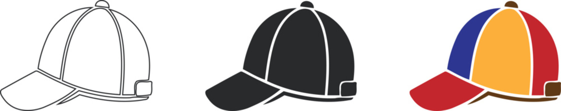Baseball cap icon set with outline, black and colorful sports hat designs, isolated vector symbols for fashion, apparel, clothing, team merchandise and casual wear