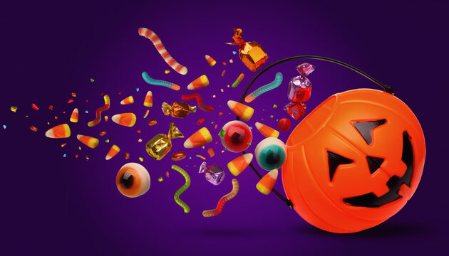 Orange Halloween pumpkin bucket with explosion of flying sweets candies and festive confetti on purple background.