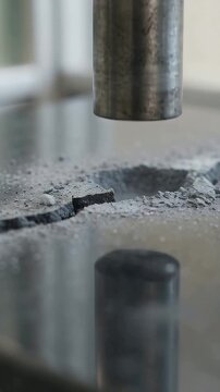 Vertical video: Descending metal ram hitting stone slab crack in lab for testing, making chips
