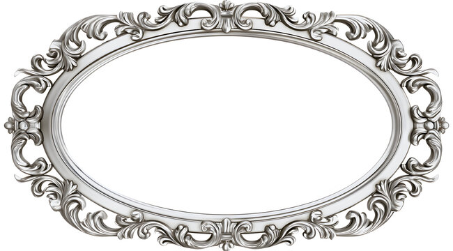 A silver, oval-shaped, intricately carved picture frame set against a clear background