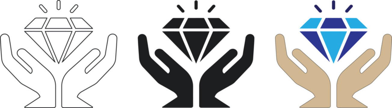 Three variations of hands holding a diamond icon representing luxury wealth security and high value asset protection designed as a clean vector graphic set, isolated on a Transparent background