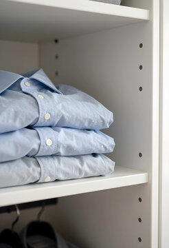 Organization and minimalism, stack of folded light blue shirts on a white closet shelf for home storage and wardrobe management in a modern bedroom