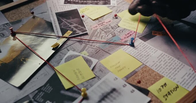 Mysterious gloved hand alters string links on a crime investigation board, evoking detective casework, evidence manipulation and possible tampering.
