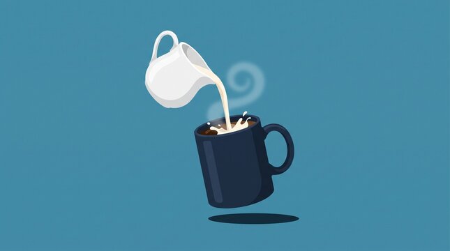 Minimalist coffee illustration, pouring milk into dark mug, flat vector style beverage art on blue background