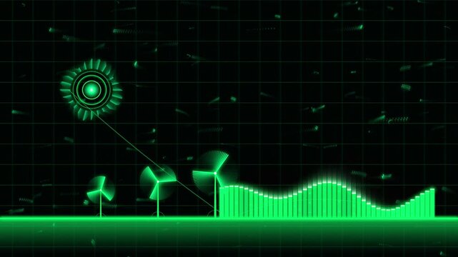 Green energy wind turbine data visualization animation with digital bar graph and hud interface renewable energy