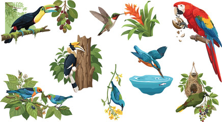 Fototapeta premium Exotic tropical birds feeding behaviors set featuring toucan eating fruit hummingbird drinking nectar macaw cracking nuts and kingfisher diving vector illustration