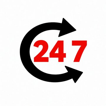 Circular arrow symbol with numbers 247 represents constant availability. Graphic icon indicates service is open all day, every day. Simple design, red and black colors, white background.