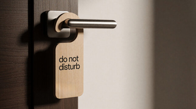 Wooden door hanger with do not disturb text hangs on modern metal door handle. Minimalist sign on dark wooden door inside home or hotel room.