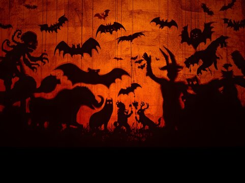 Halloween shadow puppet theater silhouette with bats and witch figures on orange background